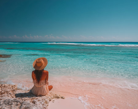 Young woman sitting on the beach and looking at the turquoise seaの素材