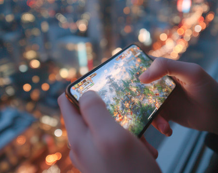Woman taking a photo of a cityscape with her mobile phone.の素材