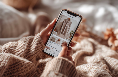 cropped view of woman holding smartphone with fashion blog app on screenの素材