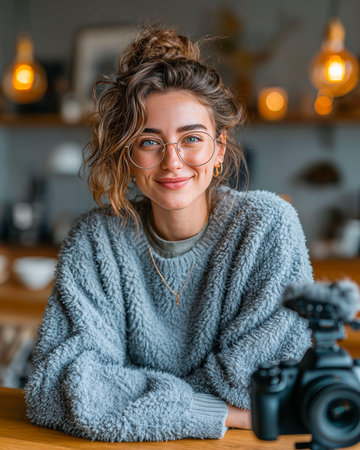 Photo of a beautiful young woman sitting in a cafe and smiling.の素材