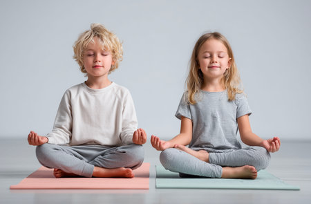 Two little girls meditating on yoga mat isolated on a white backgroundの素材