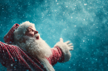 Portrait of santa claus having fun with snowfall over blue backgroundの素材