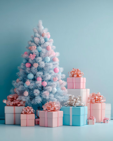 Christmas tree with gifts in blue and pink colors, 3d renderの素材
