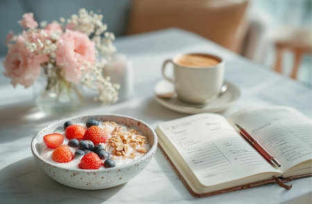 Healthy breakfast with oatmeal, fresh berries and coffee on tableの素材