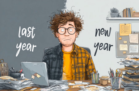 Young man working at the office in front of a laptop. Hand drawn illustration.の素材