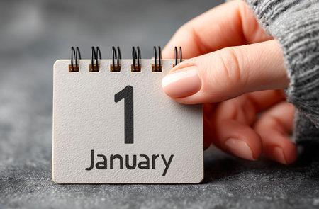 Woman's hand holding a calendar with January 1 date on gray backgroundの素材