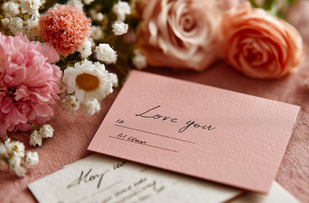 Wedding invitation card with bouquet of flowers, closeupの素材