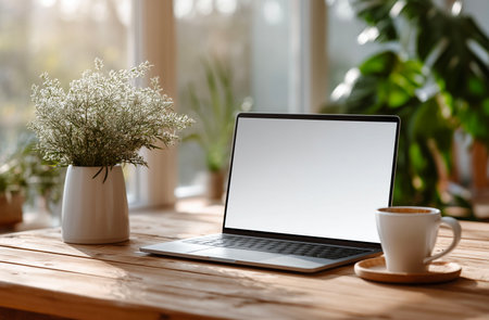 Laptop with blank screen and coffee cup on wooden table in cafeの素材