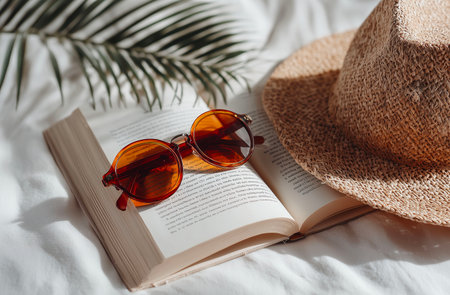 sunglasses and hat on open book on white bed, summer conceptの素材