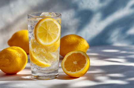 Glass of lemonade with ice cubes and lemons on a light backgroundの素材