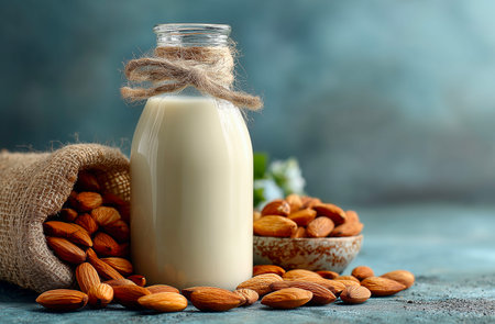 Almond milk in a glass bottle and almonds on a blue background.の素材