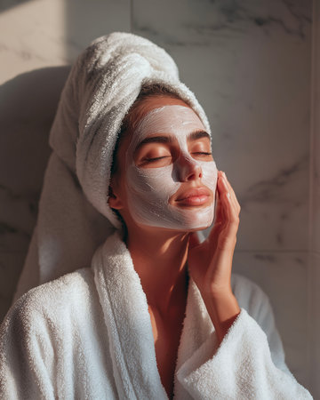Beautiful young woman in a bathrobe with a towel on her head and a cosmetic mask on her face.の素材