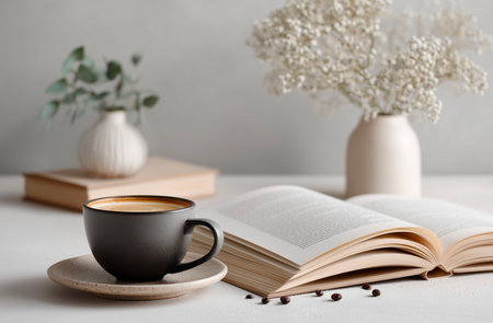 Cup of coffee and book on white wooden table, closeupの素材