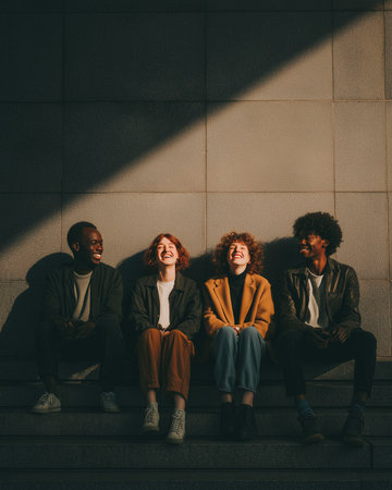Group of multiethnic friends sitting on stairs and looking at cameraの素材