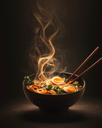japanese udon noodles in bowl with chopsticks on dark backgroundの素材