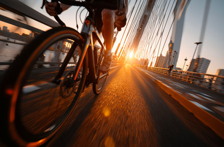 Cyclist on the bridge in the city at sunset, motion blurの素材