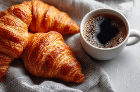 Cup of coffee and croissants on table, closeupの素材