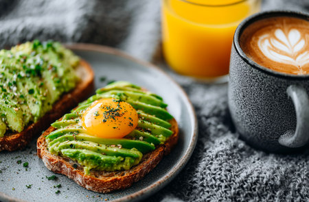 Avocado toast with egg and coffee. Healthy breakfast or snack.の素材