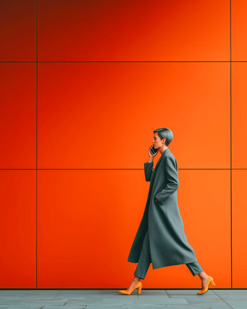 Full length portrait of a stylish woman in green coat walking on the street.の素材