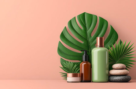 Mockup of cosmetic products with tropical leaves. 3d renderingの素材