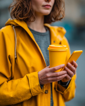cropped view of woman in yellow raincoat using smartphone on streetの素材