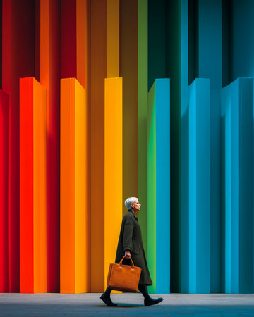 Businessman walking with briefcase against color background with stripes and linesの素材