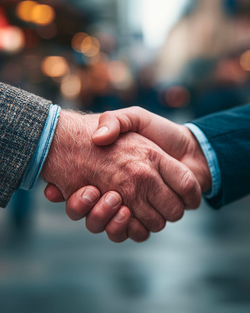 Close-up of two businessmen shaking hands. Shallow depth of field.の素材