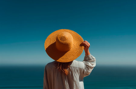 Woman in a hat on the background of the sea and blue skyの素材