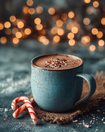 Cup of hot cocoa with christmas candy canes on dark backgroundの素材