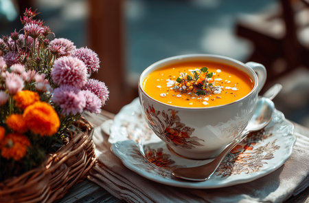 Pumpkin soup in a white cup on a wooden table.の素材
