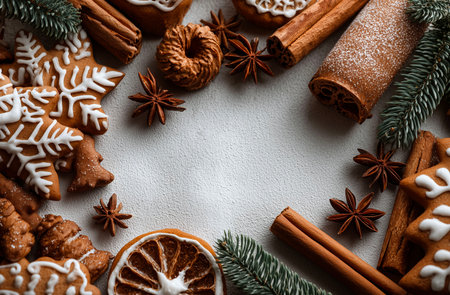 Christmas wreath with red berries and golden baubles on grey backgroundの素材