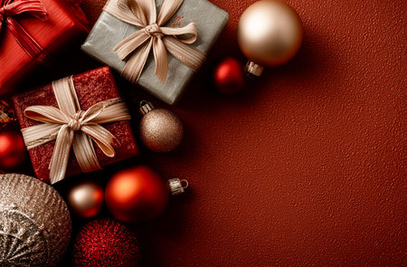 Christmas decoration on red background. Top view with copy space. Flat lay.の素材