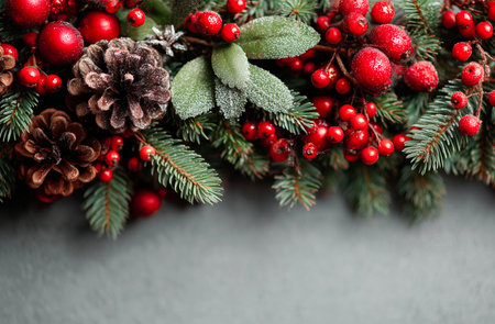 Christmas background with fir branches, red berries and cones on grey backgroundの素材