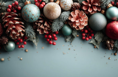 Christmas and New Year background with fir branches, pine cones, Christmas balls and berries on blue backgroundの素材