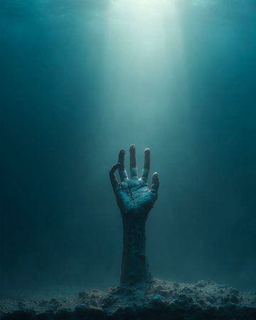 Zombie hand reaching out from under the water with rays of lightの素材