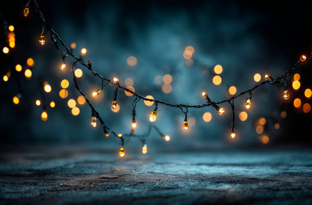 Christmas lights on wooden background with bokeh effect. Vintage styleの素材