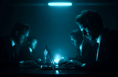 Group of business people working on laptop in dark office at night.の素材