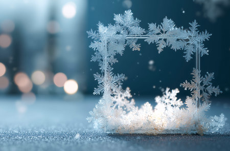 Christmas background with snowflakes and bokeh lights on blueの素材