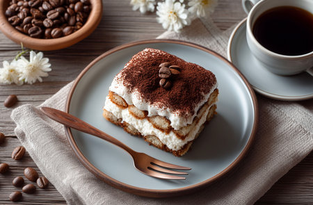 Tiramisu cake on a plate with coffee on a wooden backgroundの素材