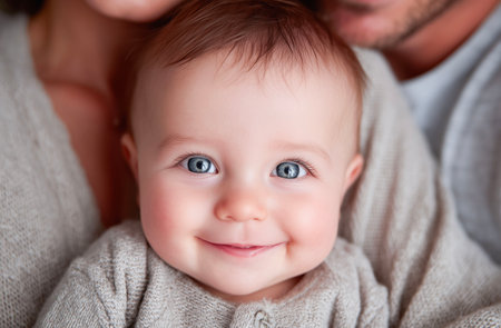 Close-up portrait of adorable baby boy with blue eyes looking at cameraの素材