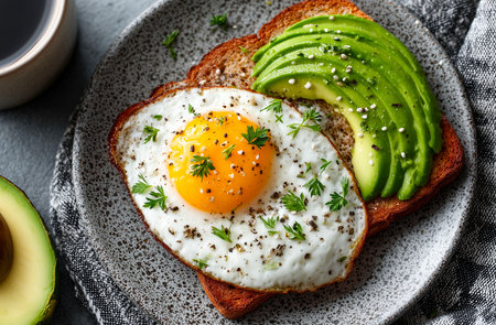 Toasts with avocado, fried egg and spices on a gray plateの素材