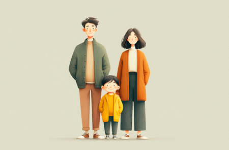 Happy family of three people standing together and looking at camera. Isolated on grey background.の素材