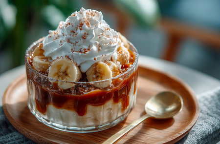 Delicious dessert with banana, caramel and whipped cream in a glassの素材