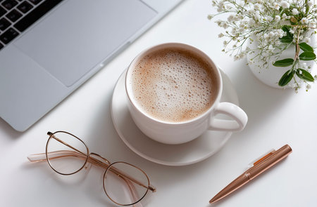 White office desk table with laptop, coffee cup and glasses. Top view with copy spaceの素材