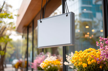 Blank signboard hanging on the door of cafe, stock photoの素材