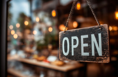 Open sign on the door of a cafe with candles in the backgroundの素材