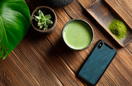 Green matcha latte or matcha latte with black smartphone and green leaves on wooden backgroundの素材
