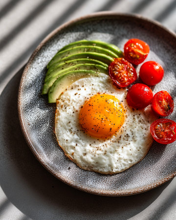 Fried egg with avocado and cherry tomatoes on a gray plate.の素材