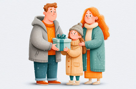 Happy family in winter clothes. Father, mother and daughter holding gift box. Vector illustration.の素材