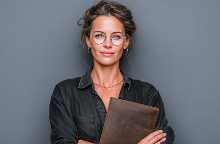 Portrait of a smiling businesswoman in eyeglasses holding a book and looking away while standing against grey backgroundの素材